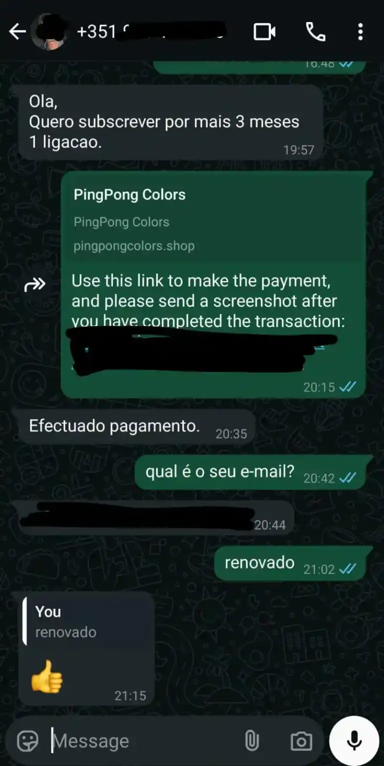 Submitting payment for online gaming subscription via WhatsApp chat.