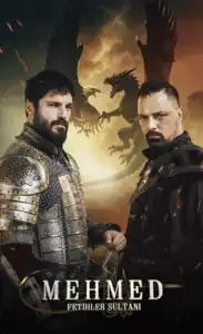 Dramatic scene from "Mehmed" TV series featuring two intense characters at sunset backdrop.