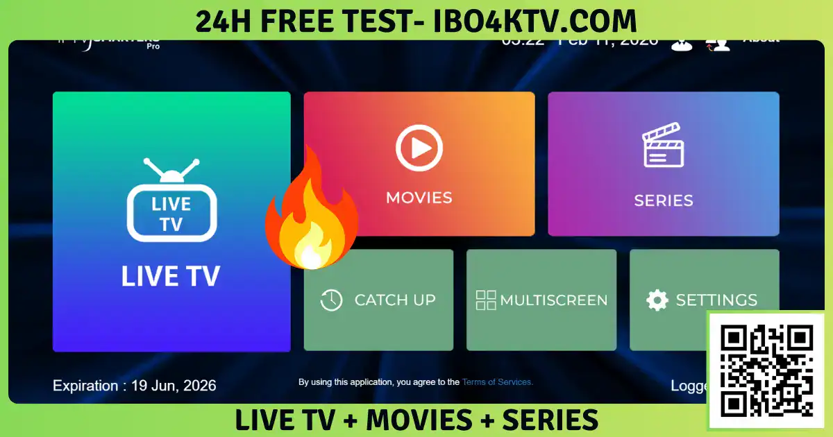 Screenshot of the high-quality legal IPTV app dashboard featuring 4K streaming settings and encrypted connection status